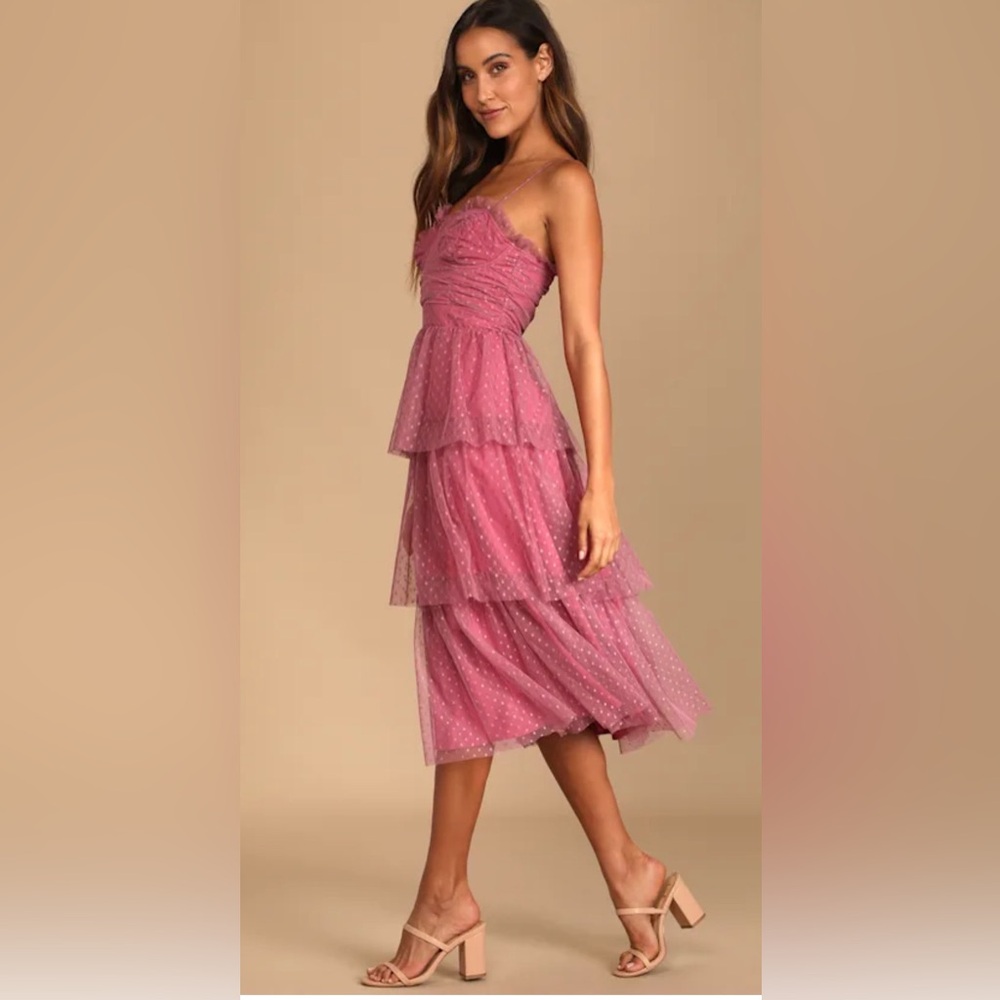 Lulus Sweetheart Style Mauve Polka Dot Bustier Tiered Midi Dress Sz Large - Picture 3 of 4